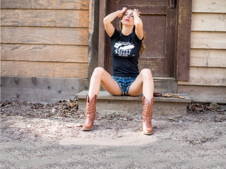 I Have A Headache... - fun, female, boots, fashion, brunettes, western, barns, cowgirl, style, women, saddles, models, girls, pistols, outdoors, NRA, ranch