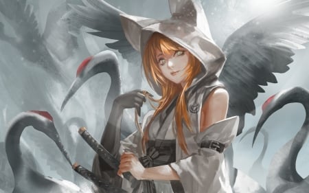 Cranes - bird, anime, alcd, cranes, girl, manga, fantasy, grey, redhead, wings, art