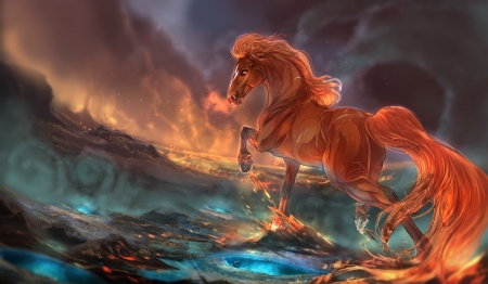 Red horse - art, horse, luminos, red, blue, water, roiuky, fantasy