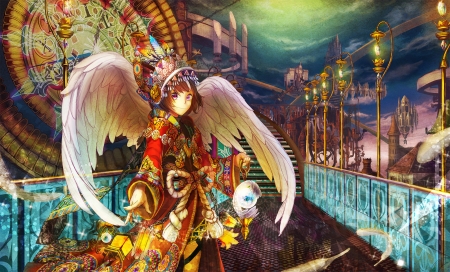 Angel - feather, red, anime, girl, blue, manga, wings, white, fantasy, kimono, angel