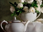 white roses and teapot