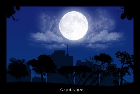 Good night! - moon, silhouette, sky, night, buildings, black, white, cloud, blue, luminos, city, card, luna, tree