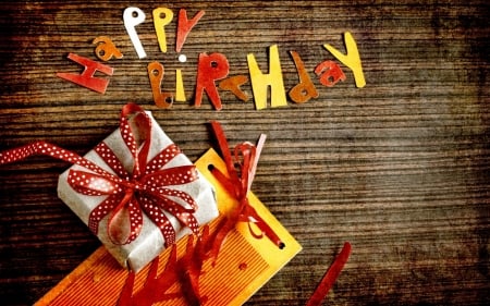 Happy Birthday! - yellow, wood, orange, birthday, red, box, gift, bow, card