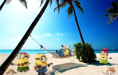 Summer Minions #5 - animated, minions, fun, palm trees, beach, hammock, summer, funny, despicable me