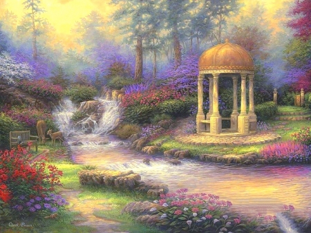 Garden of Serenity - attractions in dreams, streams, trees, summer, gazebo, deer, spring, nature, love four seasons, paintings, flowers, garden