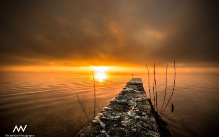 Sunrise by the anyient pier - ancient, pier, clouds, sunrise, sea