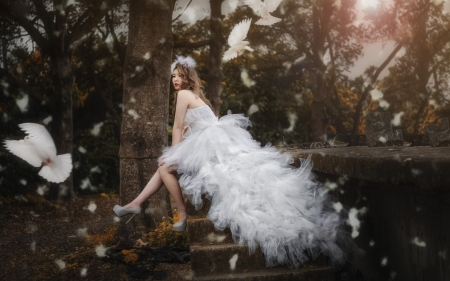 Bride - woman, dove, girl, bride, asian, model, bird, white, feather, dress