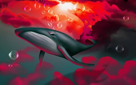 Whale - whale, water, bubbles, black, fantasy, underwater, art, grey, luminos, red