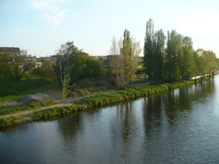 riverside - trees, water, beautiful, river, nature, green, peaceful, riverside, sky