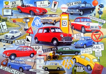 On The Road Again - signs, AA, motorbikes, cars, road, petrol pump, vintage, collage