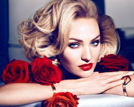 Candice Swanepoel - red, flower, rose, model, blonde, girl, candice swanepoel, lips, woman