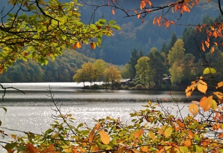 Lake with Lake House - nature, lake, autumn, trees, lake house