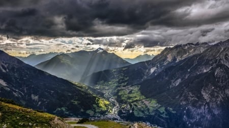 sun rays over a beautiful austrian valley hdr - clouds, sun rays, hdr, mountains, valley, villages