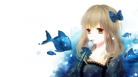 Lolita Fashion - moon, anime, blue, girl, blonde, manga, yuukichi, white, lollipop, lolita fashion, bow, fish, luna, candy