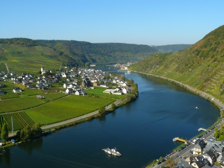 River Mosel - street, mountains, germany, village, peaceful, ferry, mosel, river, nature