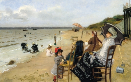 the Mother and Daughter on the Beach - woman, summer, copil, child, black, painting, art, the mother and daughter on the beach, red, umbrella, pictura, ernest ange duez, sea, sand