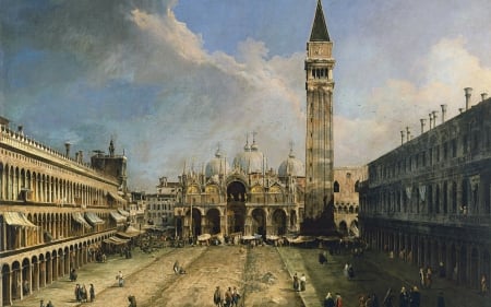 the Piazza San Marco in Venice - pictura, people, the piazza san marco in venice, painting, buildings, giovanni antonio canaletto, art