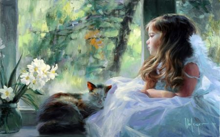 Girl and cat at window - window, girl, volegov vladimir, copil, child, cat, pictura, white, animal, green, painting, art