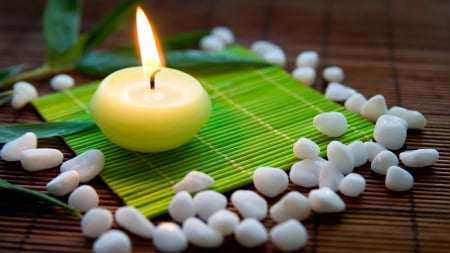 Still Life - bamboo leaves, flaming candle, freshness, white stones