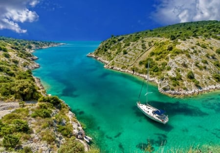 Paradise Bay - dunes, water, summer, sailboat, boat