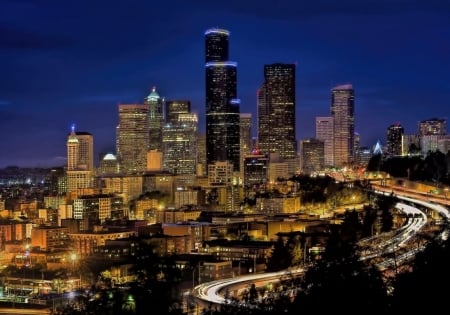 Seattle by Night - houses, highway, city, washington, buildings