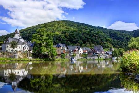 River Main in Germany - village, reflections, hills, water, forest, houses, church