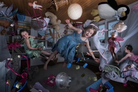 Just a little gravity issue - child, funny, copil, situation, pink, girl, blue, john wilhelm, toy, children, sister