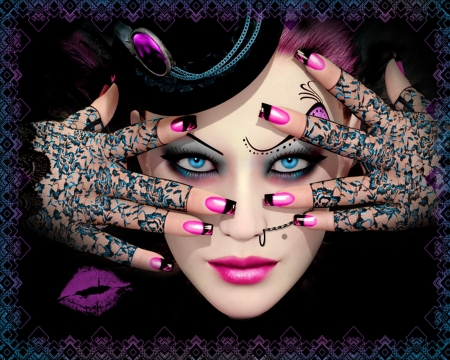 Beauty - hat, girl, beauty, gothic, pink, frumusete, black, fantasy, hand, nails, rendering, face, scott nicklin, luminos, blue eyes