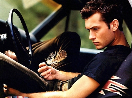 Jude Law - male, actor, car, Jude Law, feather, man