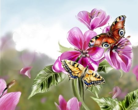 Butterflies for Monarch - Cherie - beauty, blooming, buterflies, background, animals, colorful, nature, pink, leaves, flowers