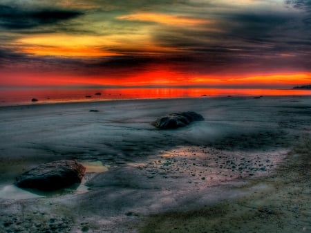 Sea Sunset - nature, glow, sky, clouds, tide, sunset, sea, rocks