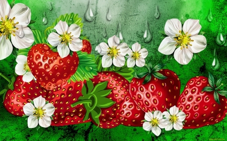 Spring freshness - strawberries, blossoms, beautiful, drops, spring, freshness, flowers, fruit, background, art