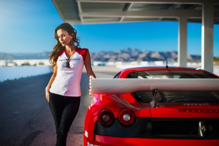 Unknown Model - italian, woman, car, gas station, auto, ferrari, model, babe