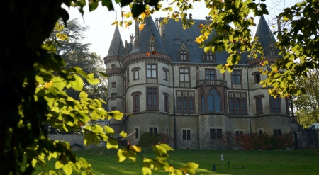 Castle in Forest - trees, towers, spring, building, leaves