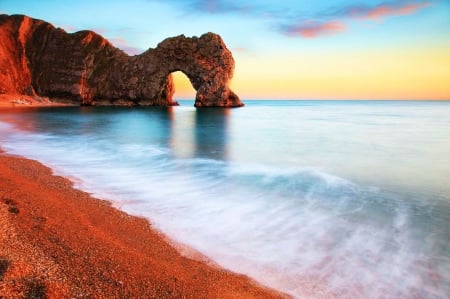 Arch at the Beach - sky, cliff, water, sunset, colors, sea