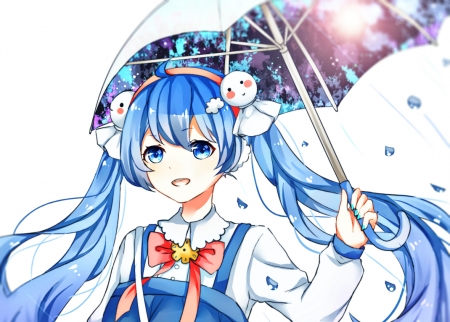 Hatsune Miku - Cute, Hatsune Miku, Winter, Pretty, Umbrella Girl, Beauty, Snow, Blue Hair Girl, Snowman, Cold