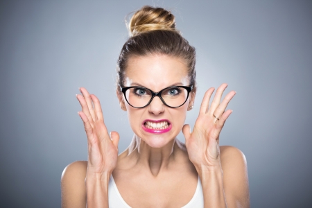 Angry - woman, glassess, lips, femeie, furioasa, funny, angry, model, face, pink, hand, mood