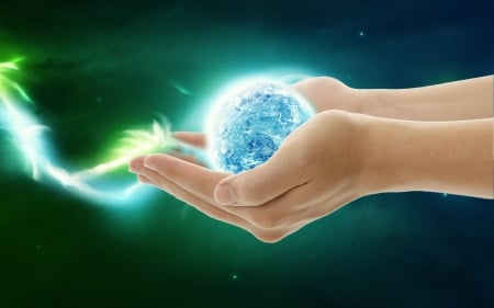 Magical ball - hand, blue, ball, green, light