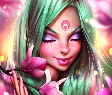 Mimi and magnolia - moon, spring, flower, pink, fantasy, hand, green, ayyasap, face, art, mimi and magnolia, luminos, luna