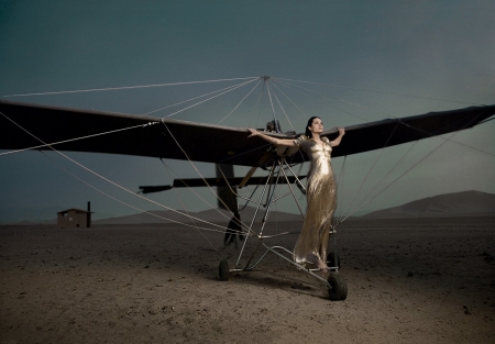 Angelina Jolie - angelina jolie, woman, actress, annie leibovitz, girl, golden, airplane, dress