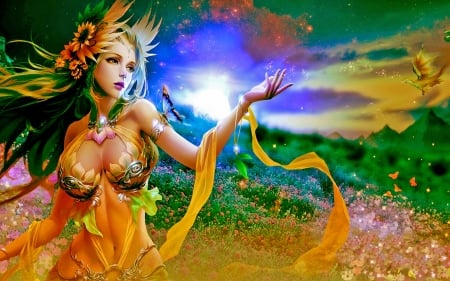 Nature's Call - women, fantasy, dragon, magic, butterfly