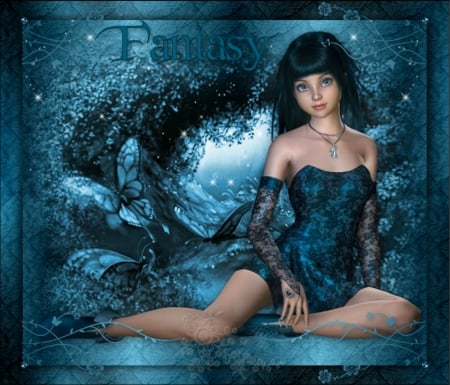 BLUE FANTASY - female, blue, lace, fantasy, dress, butterflies