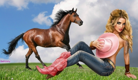 COWGIRL IN PINK - sky, hat, female, cowgirl, field, boots, tattoo, horse, pink, clouds, grass