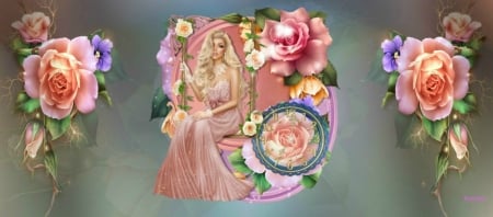 FLOWER TIME - female, roses, panises, clock, flowers, time, dress