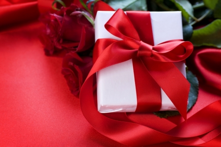 :) - flowers, roses, red, ribbon, gift