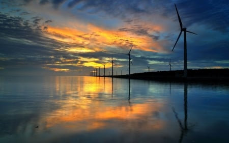 Windmill Sunset - nature, reflection, water, windmill, sunset