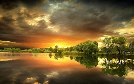 Amazing Reflection - Trees, Evening, Beautiful, Clouds, Sky