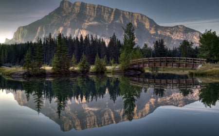 Mountain Landscape - river, trees, nature, landscape, forest, reflection, mountain, bridge