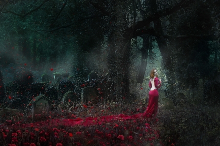 Graveyard - woman, graveyard, forest, trees, model