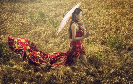 Lovely Morning - field, umbrella, walking, woman